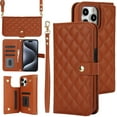 thumbnail image 1 of PU Leather Wallet Case for iPhone 14 Pro, Wrist Strap + Shoulder Strap, Multiple Card Slots Folio Purse, PU Leather Stand RFID Blocking Phone Case Cover for iPhone 14 Pro,Brown, 1 of 9