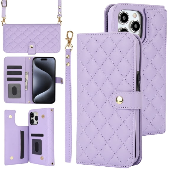 PU Leather Wallet Case for iPhone 15, Wrist Strap + Shoulder Strap, Multiple Card Slots Folio Purse, PU Leather Stand RFID Blocking Phone Case Cover for iPhone 15,Purple