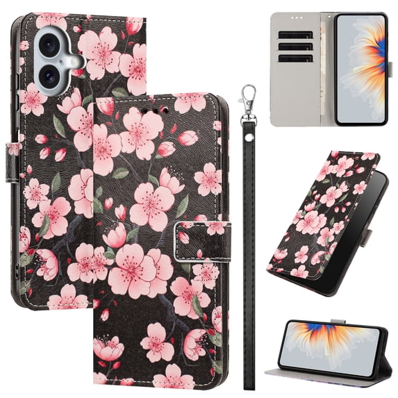 PU Leather Wallet Case for iPhone 16 Plus with Pattern Design, Built in Kickstand Card Slots Wrist Strap Drop Protective Phone Cover for iPhone 16 Plus, G