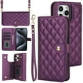 thumbnail image 1 of PU Leather Wallet Case for iPhone 16 Pro Max, Wrist Strap + Shoulder Strap, Multiple Card Slots Folio Purse, PU Leather Stand RFID Blocking Phone Case Cover for iPhone 16 Pro Max,Darkpurple, 1 of 9