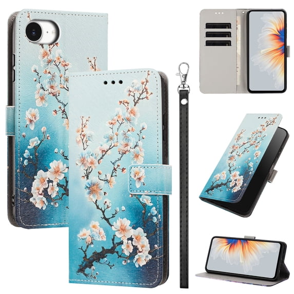 PU Leather Wallet Case for iPhone 16e/17e with Pattern Design, Built in Kickstand Card Slots Wrist Strap Drop Protective Phone Cover for iPhone 16e/17e, E