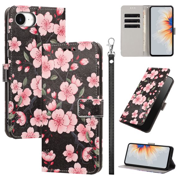 PU Leather Wallet Case for iPhone 16e/17e with Pattern Design, Built in Kickstand Card Slots Wrist Strap Drop Protective Phone Cover for iPhone 16e/17e, G