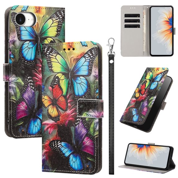 PU Leather Wallet Case for iPhone 16e/17e with Pattern Design, Built in Kickstand Card Slots Wrist Strap Drop Protective Phone Cover for iPhone 16e/17e, A