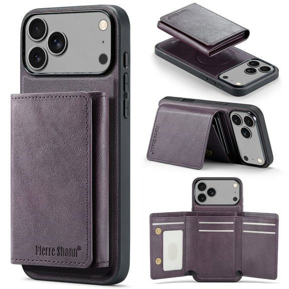 PU Leather Wallet Case for iPhone 17 Pro, Tri-Fold Detachable Magnetic Card Bag, RFID Blocking Kickstand Magnetic Closure Classic Business Drop Protection Cover for iPhone 17 Pro, Purple