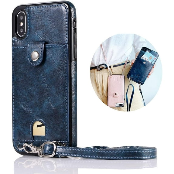 PU Leather Wallet Case for iPhone Xs Max Necklace Lanyard Case Cover with Card Holder Adjustable Detachable Anti-Lost Neck Strap for Apple iPhone Xs Max,Blue