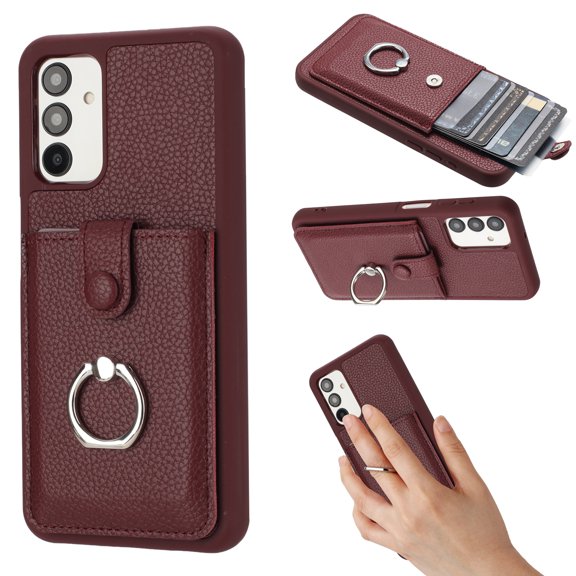PU Leather Wallet Phone Case Compatible with Samsung Galaxy A13 4G,with Credit Card Holder 360° Rotating Ring Kickstand Shockproof Protective Rugged Phone Cover Snap Button Closure,Winered