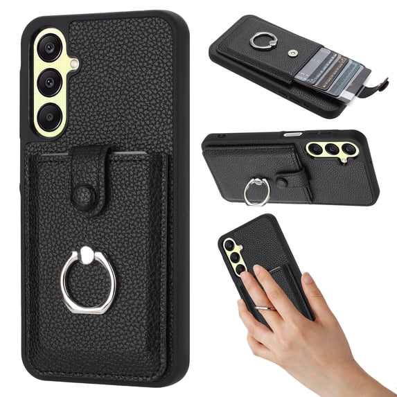 PU Leather Wallet Phone Case Compatible with Samsung Galaxy A14 5G,with Credit Card Holder 360° Rotating Ring Kickstand Shockproof Protective Rugged Phone Cover Snap Button Closure,Black