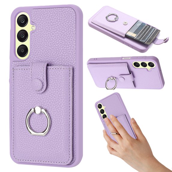 PU Leather Wallet Phone Case Compatible with Samsung Galaxy A14 5G,with Credit Card Holder 360° Rotating Ring Kickstand Shockproof Protective Rugged Phone Cover Snap Button Closure,Purple