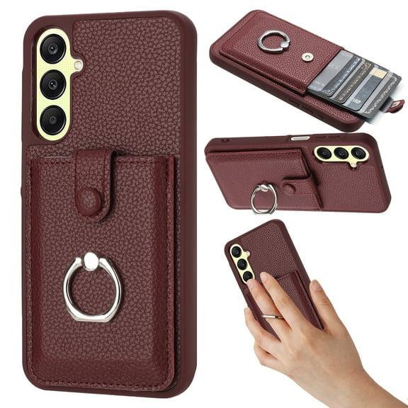 PU Leather Wallet Phone Case Compatible with Samsung Galaxy A16 5G,with Credit Card Holder 360° Rotating Ring Kickstand Shockproof Protective Rugged Phone Cover Snap Button Closure,Winered