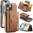 thumbnail image 1 of PU Leather Wallet Phone Case Compatible with iPhone 13, with Card Holder 2 in 1 Detachable Back Cover for iPhone 13, RFID Blocking Kickstand Heavy Duty Classic Magnetic - Brown, 1 of 11