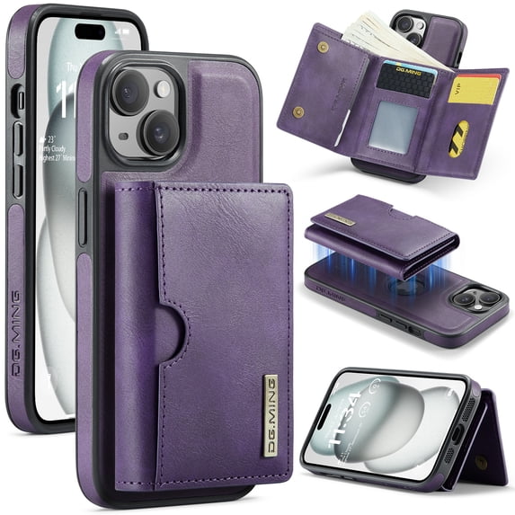 PU Leather Wallet Phone Case Compatible with iPhone 13, with Card Holder 2 in 1 Detachable Back Cover for iPhone 13, RFID Blocking Kickstand Heavy Duty Classic Magnetic - Purple