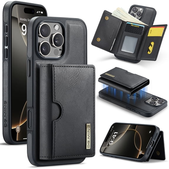 PU Leather Wallet Phone Case Compatible with iPhone 16 Pro Max, with Card Holder 2 in 1 Detachable Back Cover for iPhone 16 Pro Max, RFID Blocking Kickstand Heavy Duty Classic Magnetic - Black