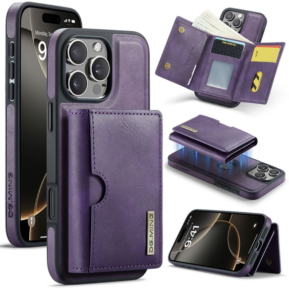 PU Leather Wallet Phone Case Compatible with iPhone 16 Pro Max, with Card Holder 2 in 1 Detachable Back Cover for iPhone 16 Pro Max, RFID Blocking Kickstand Heavy Duty Classic Magnetic - Purple