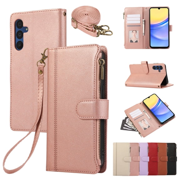 PU Leather Wallet Phone Case for Samsung Galaxy S24 FE Flip Case with Card Holder, RFID Blocking Wallet, Zipper, Wristband & Kickstand, Shockproof Rugged Crossbody Phone Case Cover,Rosegold