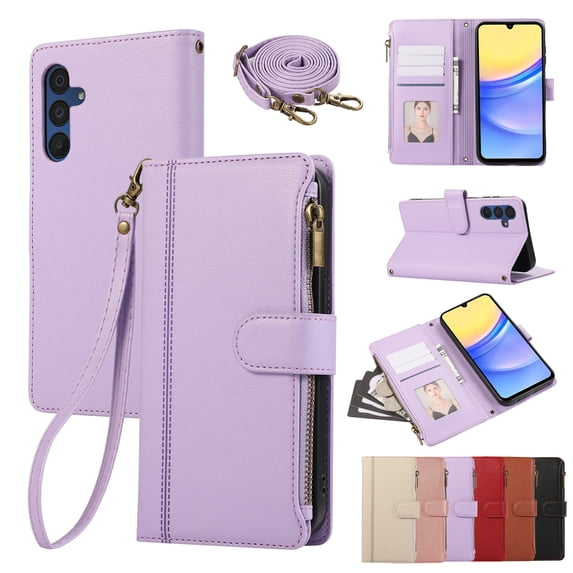 PU Leather Wallet Phone Case for Samsung Galaxy S24 FE Flip Case with Card Holder, RFID Blocking Wallet, Zipper, Wristband & Kickstand, Shockproof Rugged Crossbody Phone Case Cover,Purple