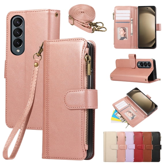 PU Leather Wallet Phone Case for Samsung Galaxy Z Fold 3 Flip Case with Card Holder, RFID Blocking Wallet, Zipper, Wristband & Kickstand, Shockproof Rugged Crossbody Phone Case Cover,Rosegold