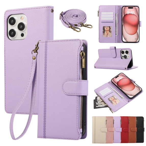 PU Leather Wallet Phone Case for iPhone 13 Pro Flip Case with Card Holder, RFID Blocking Wallet, Zipper, Wristband & Kickstand, Shockproof Rugged Crossbody Phone Case Cover,Purple