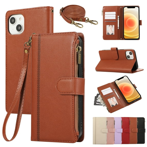 PU Leather Wallet Phone Case for iPhone 15 Plus Flip Case with Card Holder, RFID Blocking Wallet, Zipper, Wristband & Kickstand, Shockproof Rugged Crossbody Phone Case Cover,Brown
