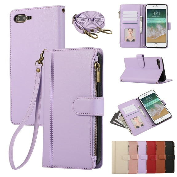 PU Leather Wallet Phone Case for iPhone 8 Plus/7 Plus Flip Case with Card Holder, RFID Blocking Wallet, Zipper, Wristband & Kickstand, Shockproof Rugged Crossbody Phone Case Cover,Purple
