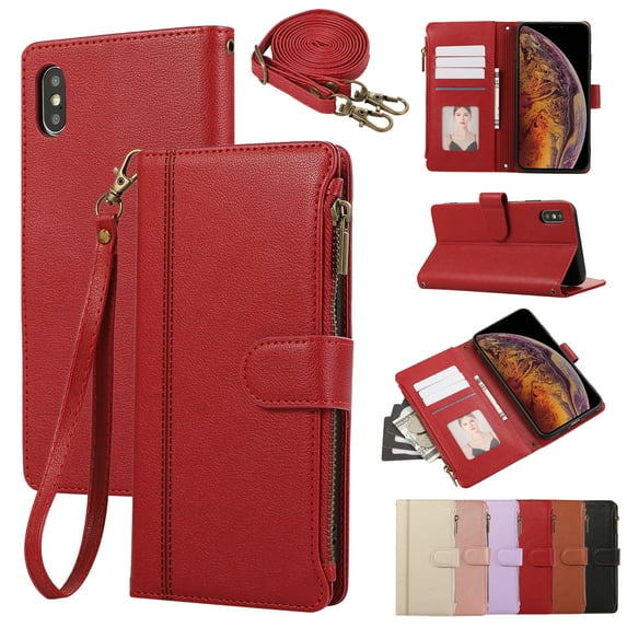 PU Leather Wallet Phone Case for iPhone XR Flip Case with Card Holder, RFID Blocking Wallet, Zipper, Wristband & Kickstand, Shockproof Rugged Crossbody Phone Case Cover,Red