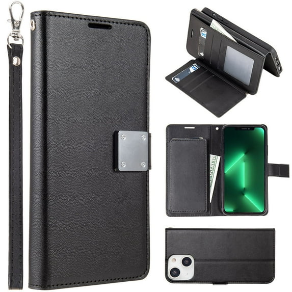 PU Leather Wallet Protective Flip Case with Durability, 6 Card Slots, Cash Slot, Easy Kickstand View, Secure Lock & Wrist Strap for iPhone 15 Plus (6.7")