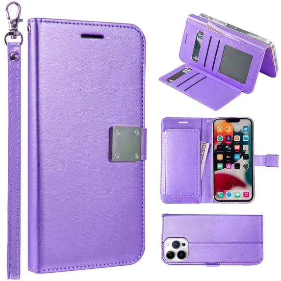 PU Leather Wallet Protective Flip Case with Durability, 6 Card Slots, Cash Slot, Easy Kickstand View, Secure Lock & Wrist Strap for iPhone 15 Pro (6.1")