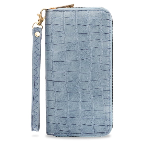 PU Leather Wallet,Zip Around Purse,Large Capacity Cell Phone Clutch with Wristlet,Light Blue