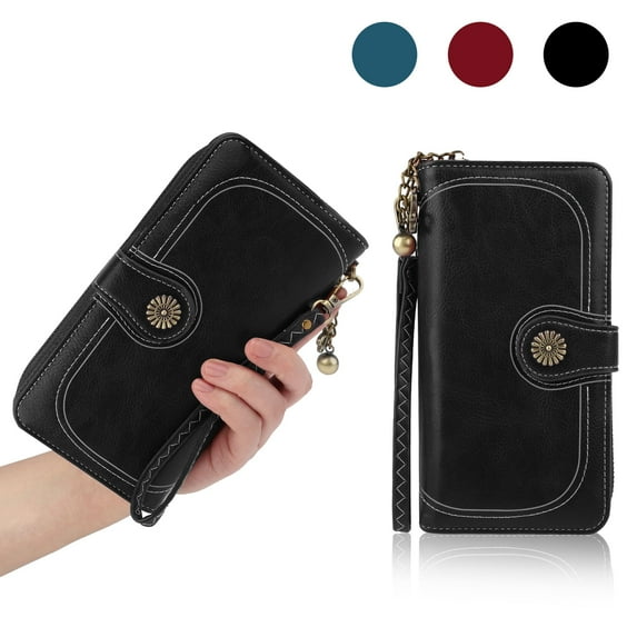 PU Leather Wallet for Women, Large Capacity Long Clutch, Card Holder, Bifold Ladies Phone Purse, Black/Blue