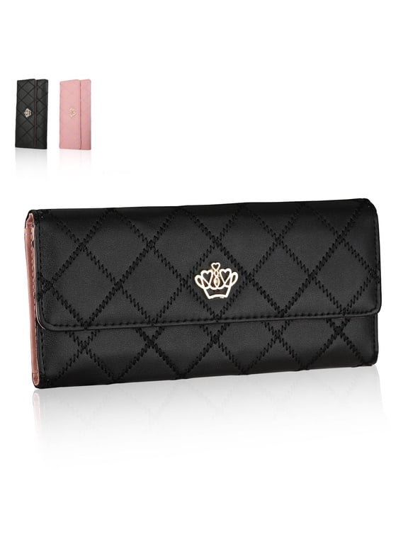 PU Leather Wallet for Women, TSV Long Clutch Wallet, Trifold Ladies Credit Card Holder, Large Capacity Snap Purse
