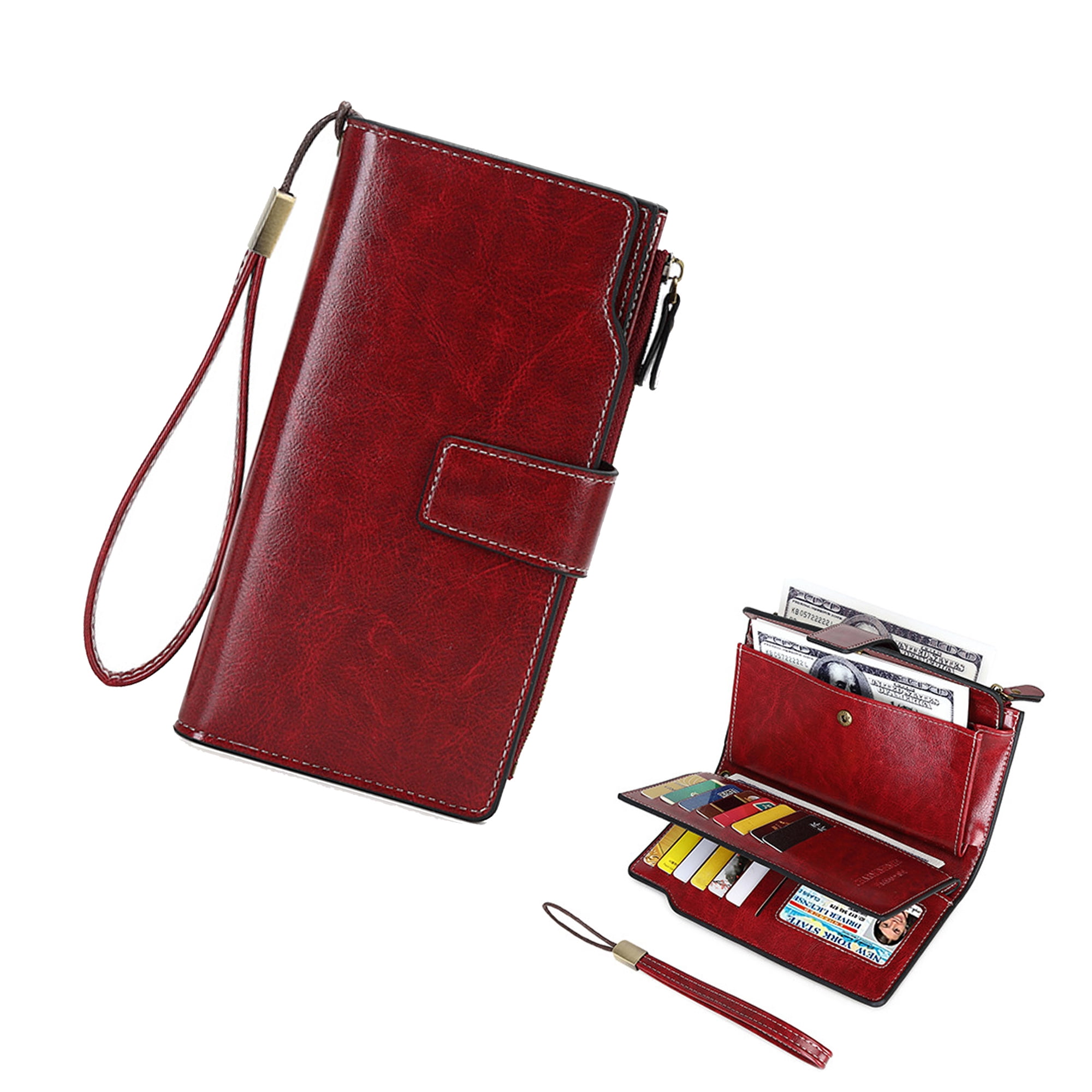 PU Leather Wallets for Women RFID Wallet Multiple Card Slots-Wine Red