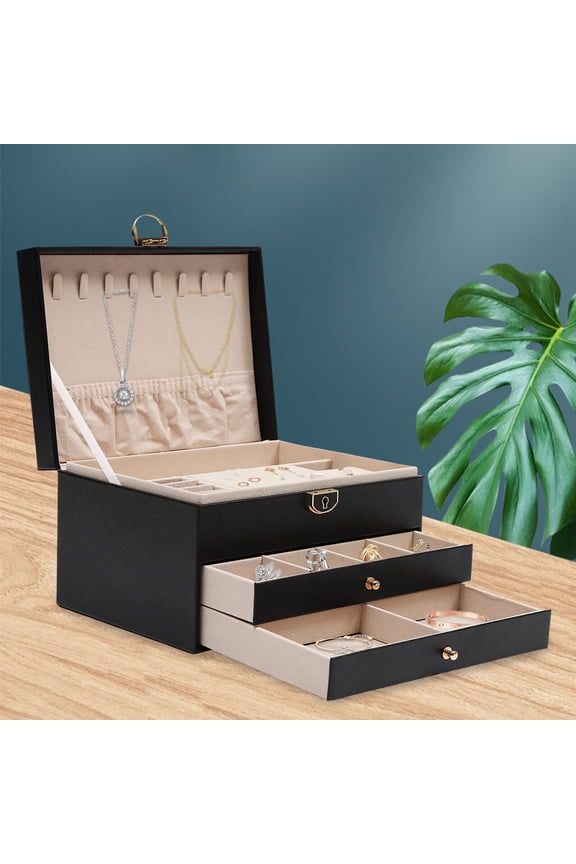 PU Leather Watch Box Case Jewelry Ring Display Organizer Drawer 3 Layers W/ Lock Black