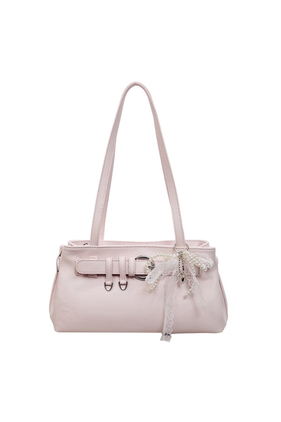 PU Leather Wing Tote Bag Lace Bow Underarm Pouch Pearl Accents (Pink)