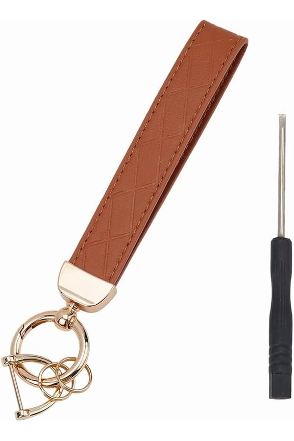PU Leather Wristlet Car Keychain Brown Universal Fob Belt Strap Holders Hand Wrist Lanyard Wristband Key Chain with Gold Alloy D Ring Screwdriver for Car Keychains Backpack Men Women