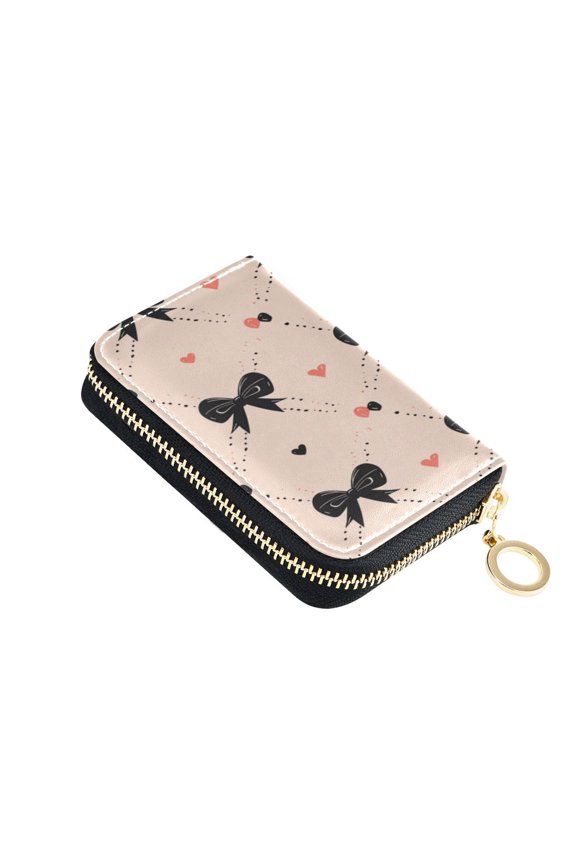 PU Leather Zip Card Holder Women's Card Case Zipper Card Case Compact & Lightweight Black Bows Pattern
