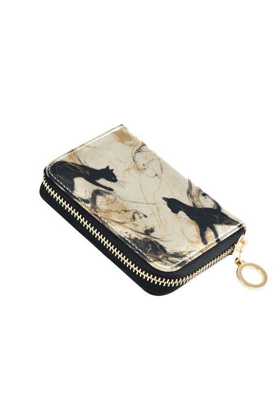 PU Leather Zip Card Holder Women's Card Case Zipper Card Case Compact & Lightweight Black Cat in Ink
