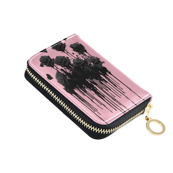 PU Leather Zip Card Holder Women's Card Case Zipper Card Case Compact & Lightweight Black Roses