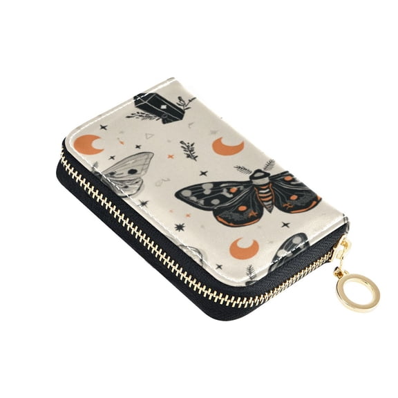 PU Leather Zip Card Holder Women's Card Case Zipper Card Case Compact & Lightweight Black and White Moths