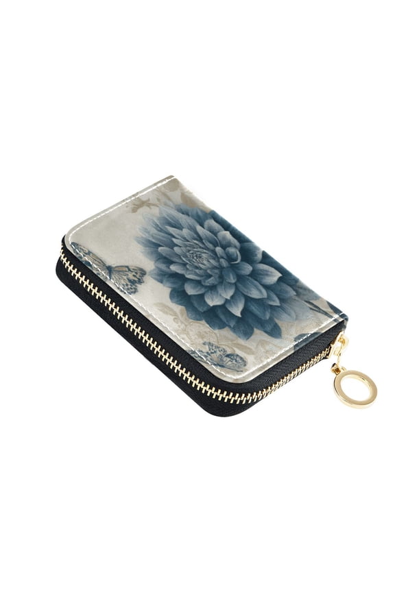 PU Leather Zip Card Holder Women's Card Case Zipper Card Case Compact & Lightweight Blue Flower with Butterflies