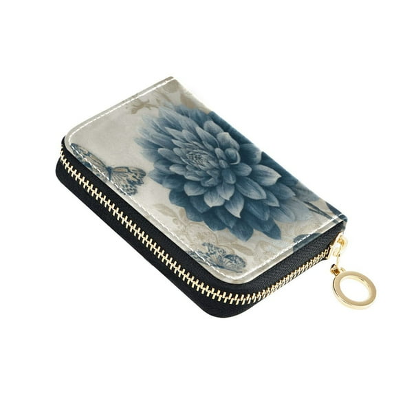 PU Leather Zip Card Holder Women's Card Case Zipper Card Case Compact & Lightweight Blue Flower with Butterflies