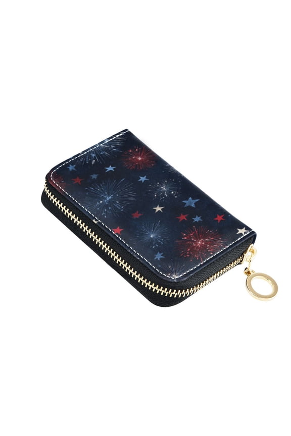 PU Leather Zip Card Holder Women's Card Case Zipper Card Case Compact & Lightweight Blue Stars with Fireworks