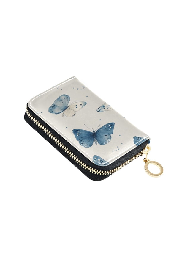 PU Leather Zip Card Holder Women's Card Case Zipper Card Case Compact & Lightweight Blue Watercolor Butterflies