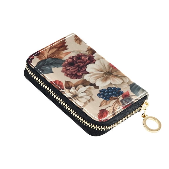 PU Leather Zip Card Holder Women's Card Case Zipper Card Case Compact & Lightweight Burgundy Hydrangeas