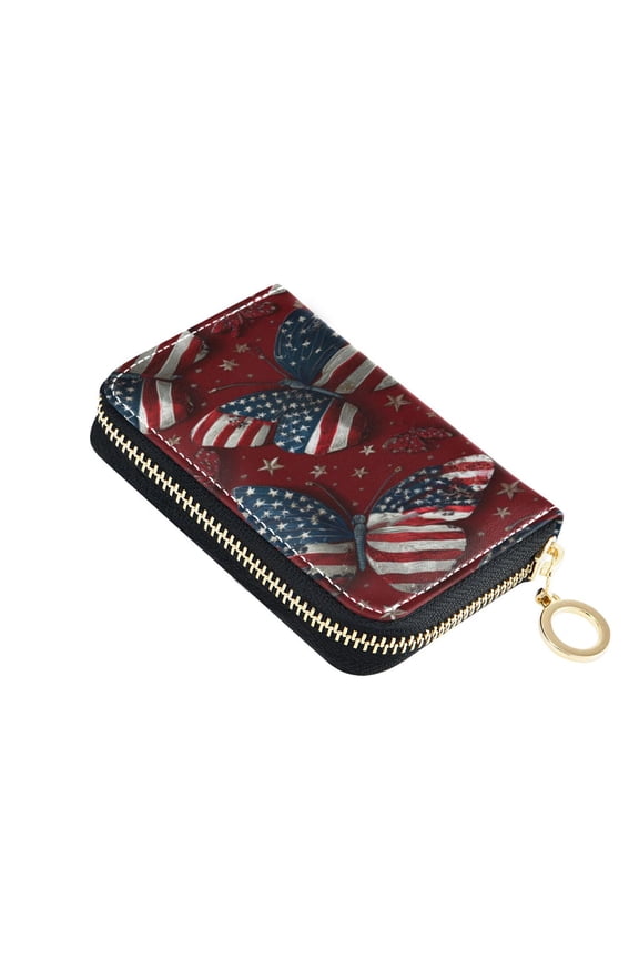 PU Leather Zip Card Holder Women's Card Case Zipper Card Case Compact & Lightweight Butterfly with National Flag