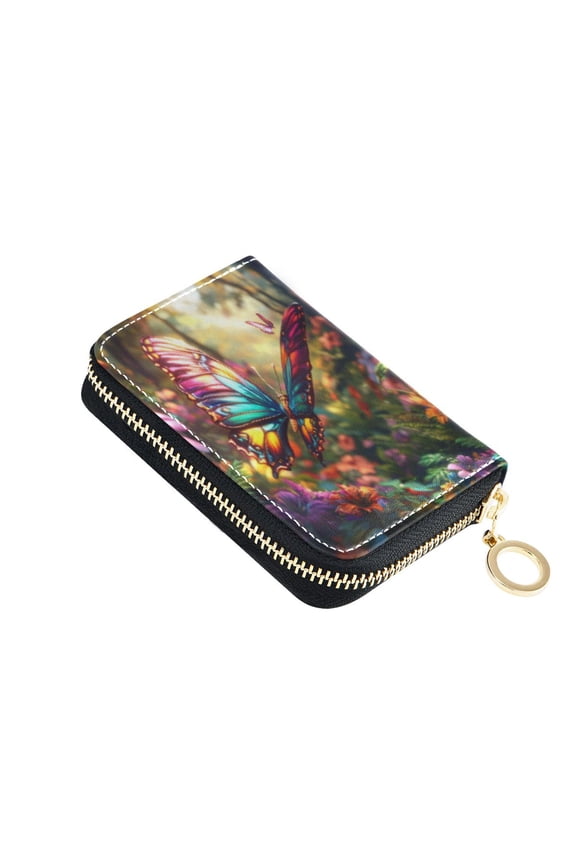 PU Leather Zip Card Holder Women's Card Case Zipper Card Case Compact & Lightweight Colorful Butterfly Scene