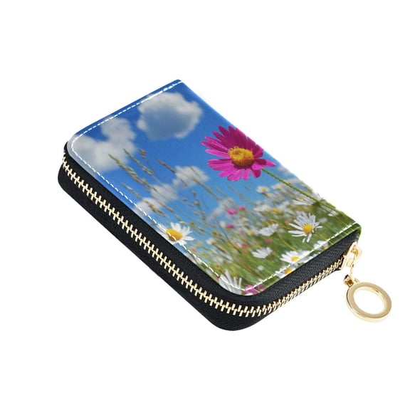 PU Leather Zip Card Holder Women's Card Case Zipper Card Case Compact & Lightweight Colorful Field Of Wildflowers