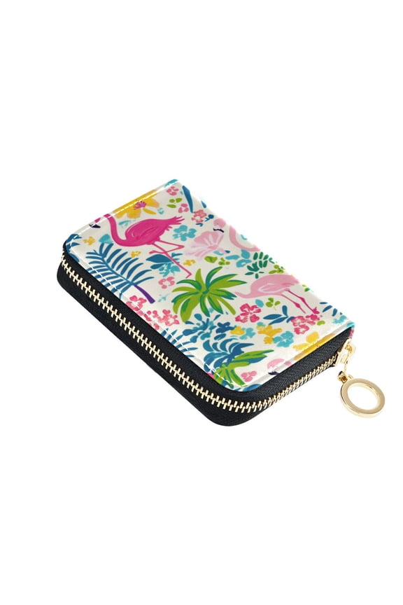 PU Leather Zip Card Holder Women's Card Case Zipper Card Case Compact & Lightweight Colorful Flamingo Pattern