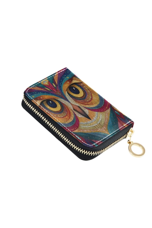 PU Leather Zip Card Holder Women's Card Case Zipper Card Case Compact & Lightweight Colorful Owl Face