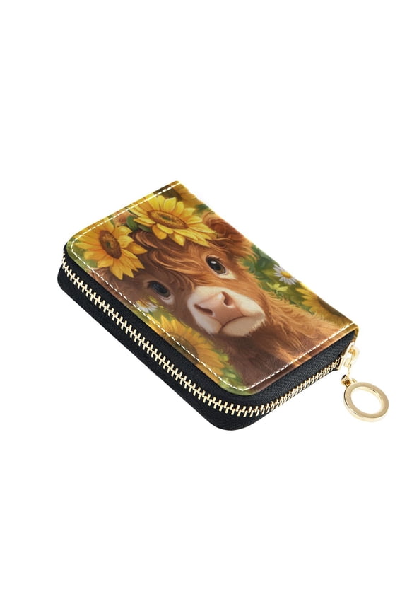 PU Leather Zip Card Holder Women's Card Case Zipper Card Case Compact & Lightweight Cute Highland Cow