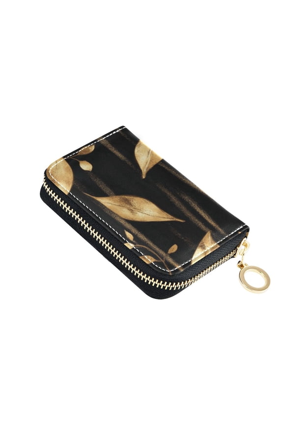 PU Leather Zip Card Holder Women's Card Case Zipper Card Case Compact & Lightweight Delicate Gold Leaf Pattern
