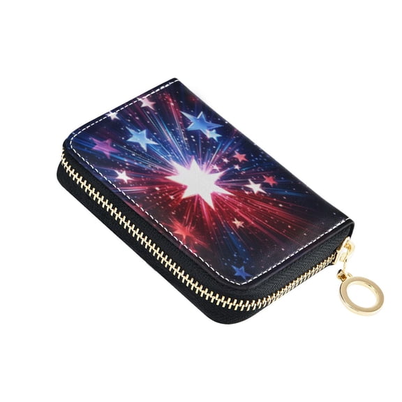PU Leather Zip Card Holder Women's Card Case Zipper Card Case Compact & Lightweight Exploding Stars and Lights